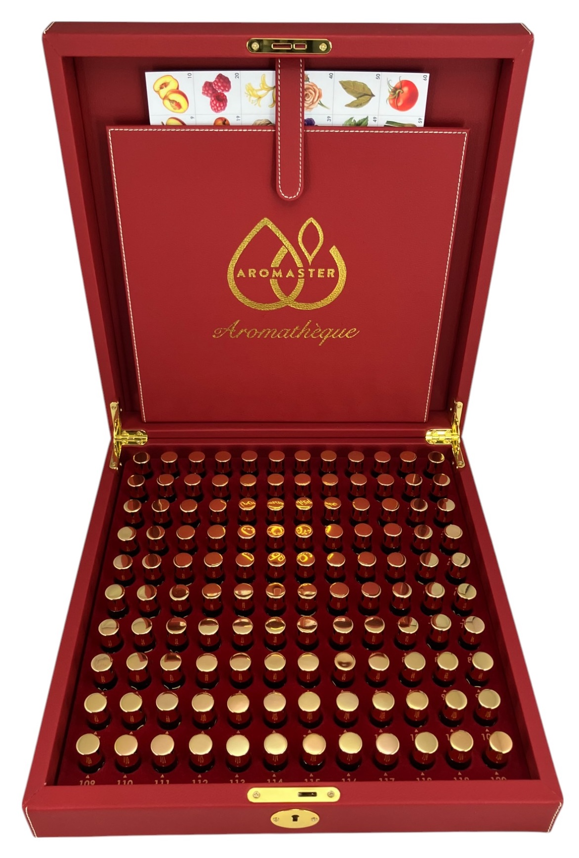 The Aromathèque nosing kit by Aromaster: the full case seen at an angle, vials numbered 61 to 120