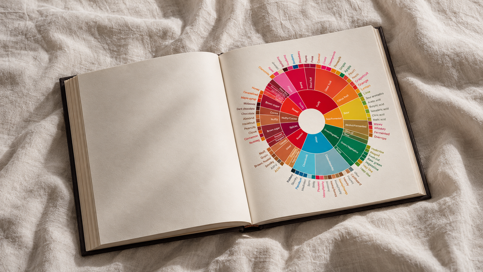 An open book on white linen showing the coffee flavour wheel, a circle of coloured segments from fruity to roasted