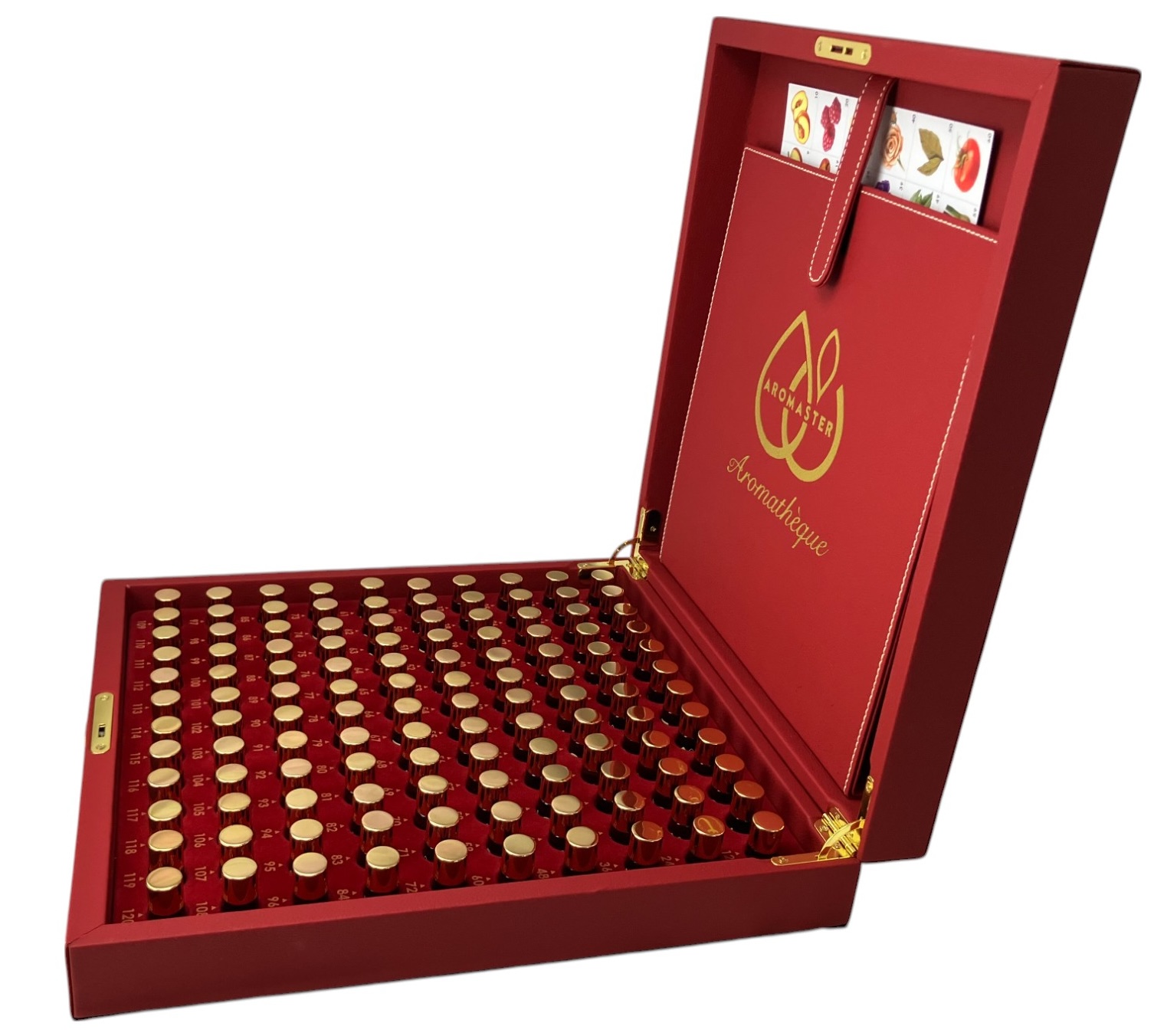The Aromathèque nosing kit by Aromaster, seen from the side: the open burgundy case standing upright