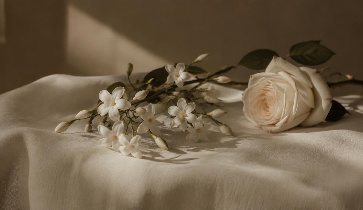 White jasmine blossoms and a pale rose resting on ivory linen