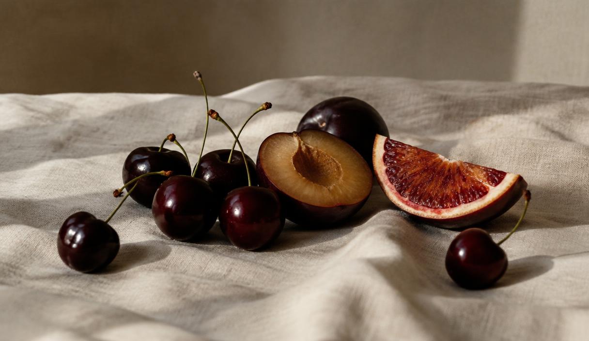 Dark cherries, a halved plum and a slice of blood orange on pale linen