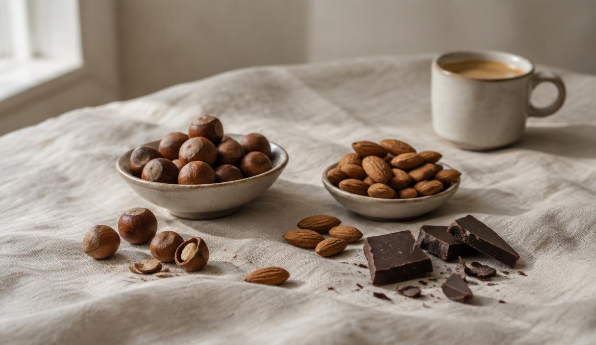 Hazelnuts, almonds and dark chocolate shards on linen beside an espresso