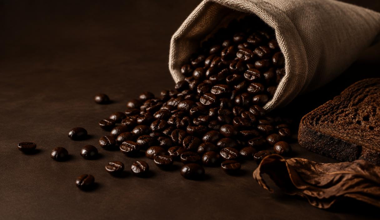Dark-roasted coffee beans spilling from a linen sack onto a brown surface