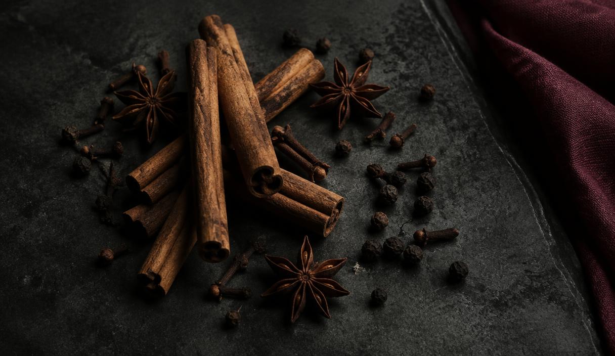 Cinnamon sticks, star anise, cloves and peppercorns on dark stone
