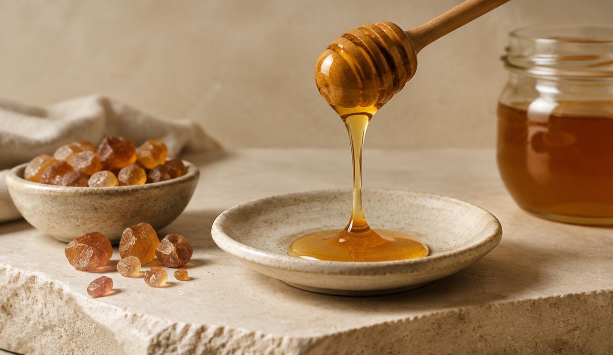 Honey dripping from a wooden dipper onto a small ceramic plate